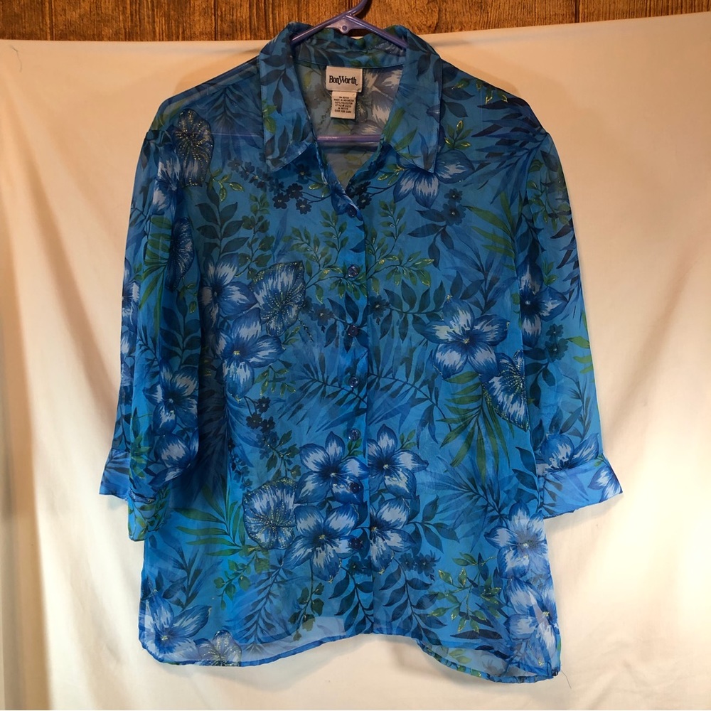 Bon Worth Blue/green/glitter patterned  3/4 sleeve button down blouse M petite